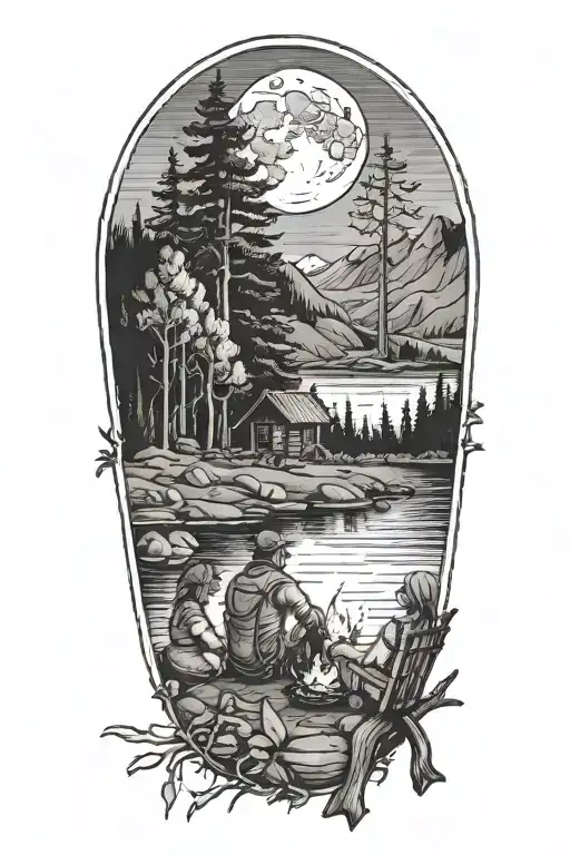 Man, woman, child, sitting at campfire overlooking lake. Trees, mountains, moon in background. Cabin on the shore tattoo design idea