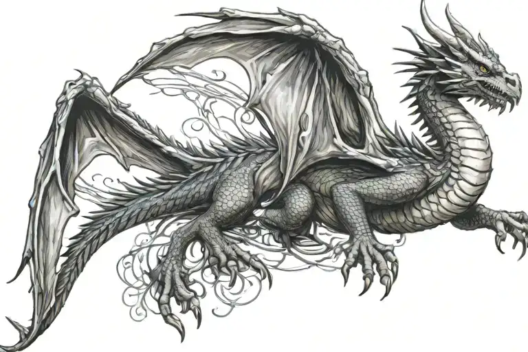 realistic dragon, sitting position, burn wound on wings, dagger stuck in back at heart level tattoo design idea