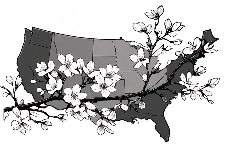 cherry blossoms over Washington DC map outline tattoo design idea