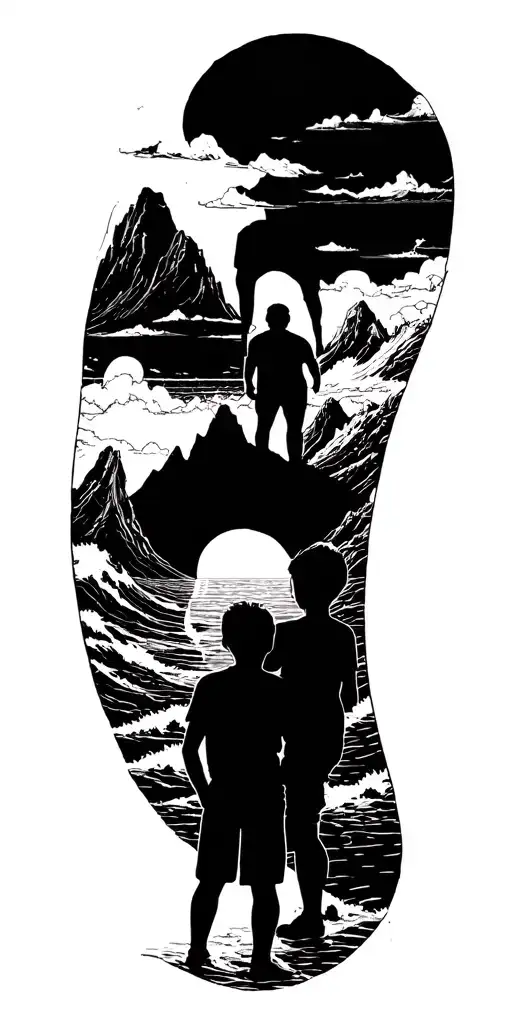 mountains ocean two boy children tattoo design idea