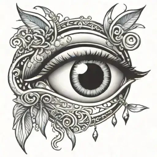 A stylized eye,with a hook and  tow chain incorporated into the iris or pupil. tattoo design idea