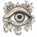A stylized eye,with a hook and  tow chain incorporated into the iris or pupil. tattoo design idea
