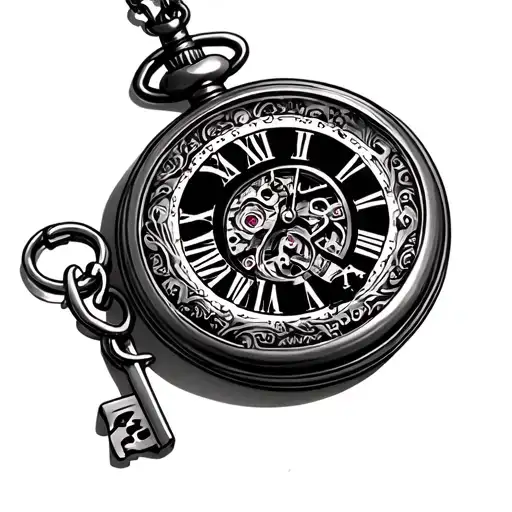 pocket watch with chain and key  tattoo design idea