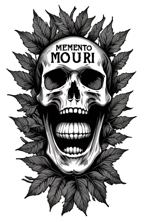 skull mouth open leaves around it memento mori text  tattoo design idea