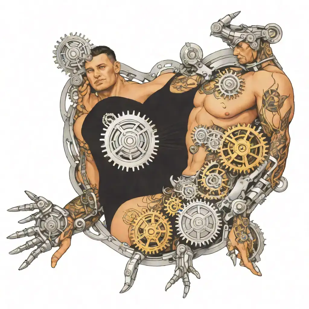 A biomechanical tattoo on the shoulder, featuring large exposed gears and mechanical parts integrated with the body. The design has a realistic 3D effect, with metallic machinery blending smoothly with the surrounding skin, creating a fusion between human anatomy and robotics. tattoo design idea