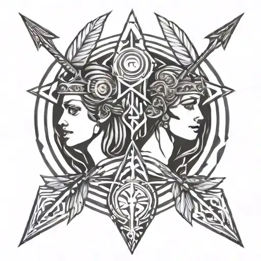 athena and hecate line simbol arrow tattoo design idea