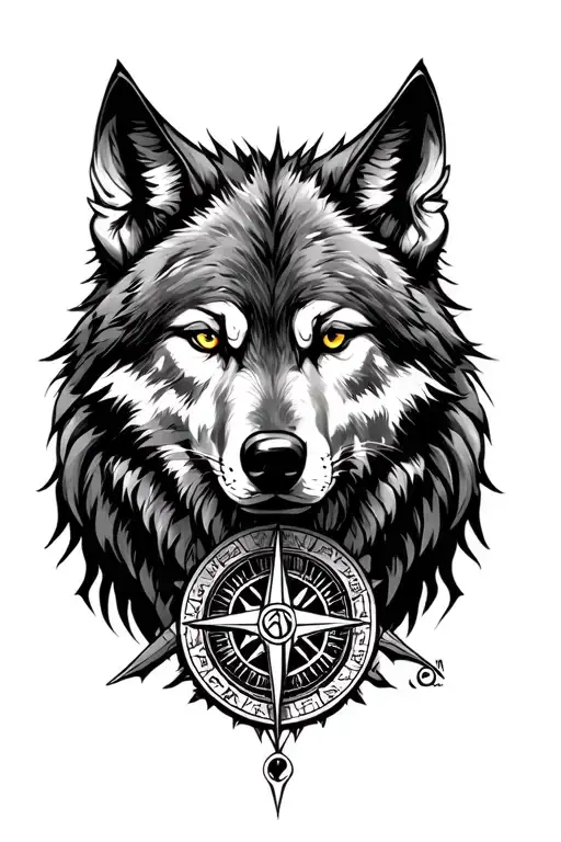 Wolf whit Odin and the viking compass tattoo design idea