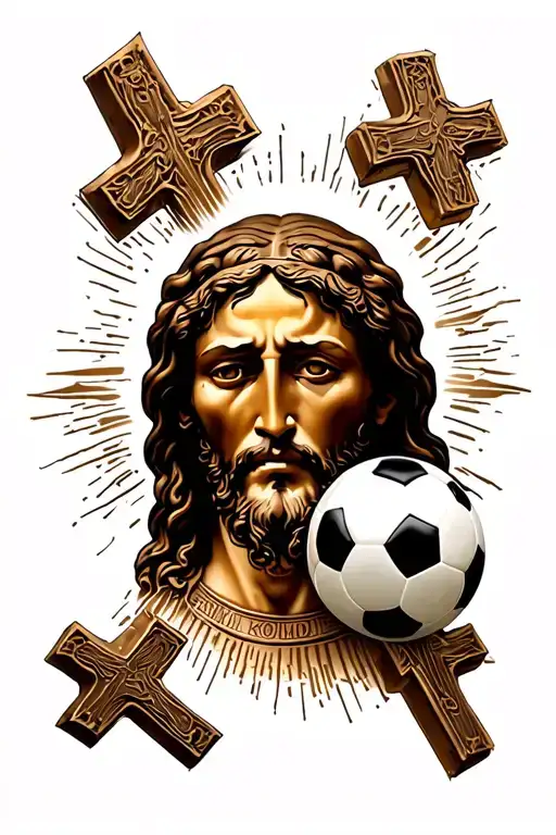 jesus face with three crosses at the bottom and a soccer  tattoo design idea