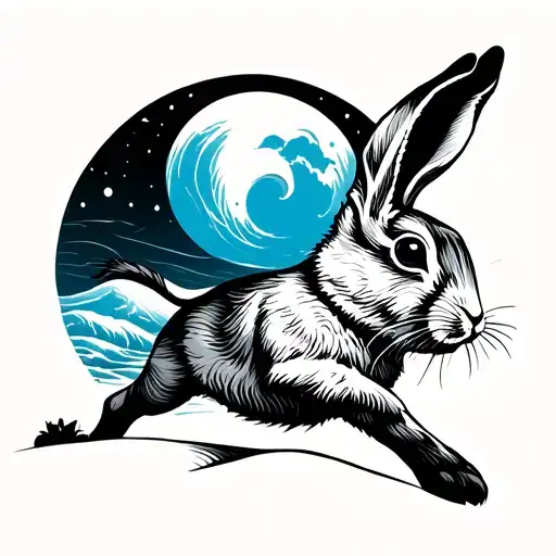 Fine line minimalist tattoo, black and gray with faint blue. A running rabbit crossing desert dunes under the moon, wave tattoo design idea