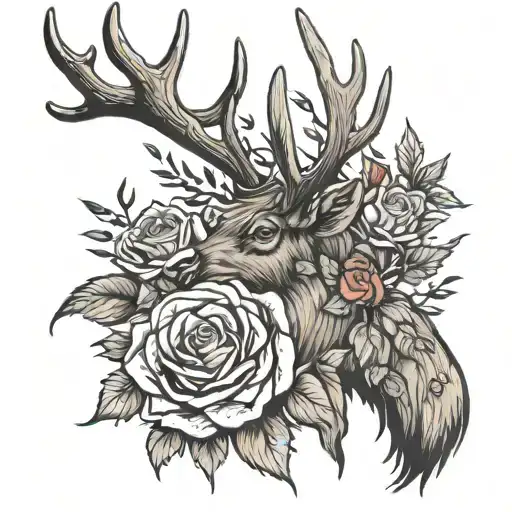elk antlers and roses wrapped tattoo design idea