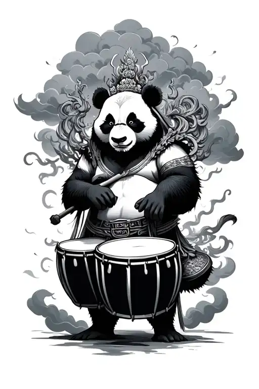 panda raijin god with drums and clouds tattoo design idea
