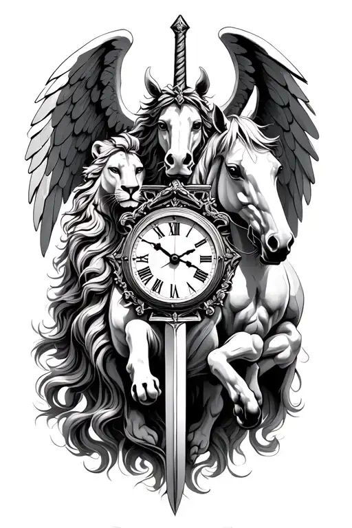 lion, clock, white horse, angel holding a sword tattoo design idea