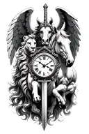 lion, clock, white horse, angel holding a sword tattoo design idea