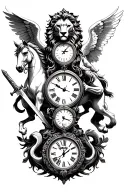 lion, clock, white horse, angel holding a sword tattoo design idea