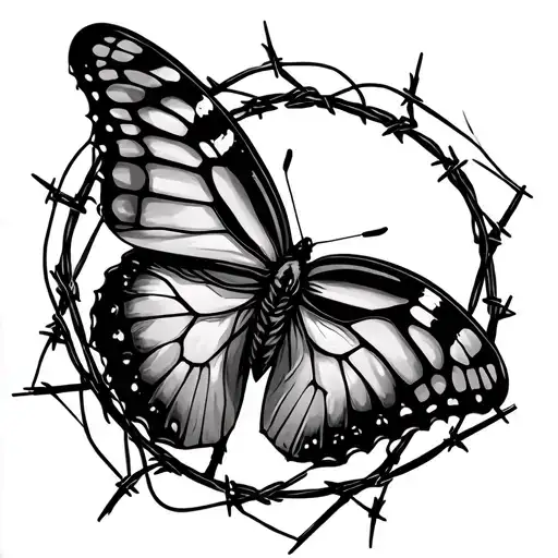 Butterfly with barb wire through and around it  tattoo design idea