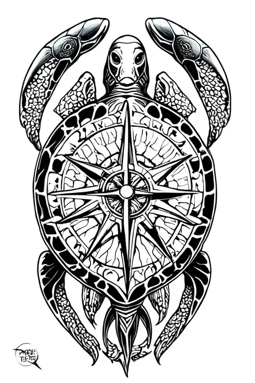 sea turtle with Viking compass tattoo design idea