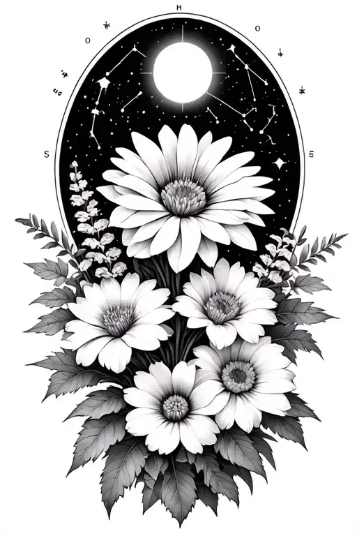 bouquet of asters, morning glories, delphinium, water lillies, surrounded by zodiac constellations for Leo and Virgo  tattoo design idea