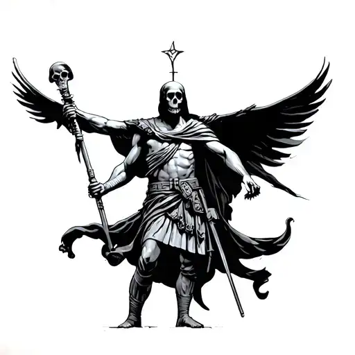 a Greek soldier with a grim reaper hanging over him  tattoo design idea