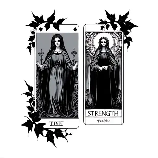 two tarot cards Strength and high priestess surrounded by black ivy. goth witchy style tattoo design idea