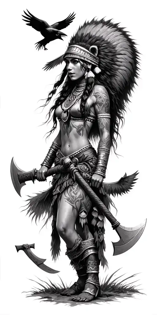 grey drawn indian warrior girl with grizzly head hat dual wielding axe's.surounded by crows and skull tattoo design idea