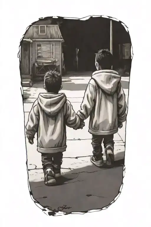 a silouttoue of 2 young brothers one taller than the other wearing hoodies walking away holding hands tattoo design idea