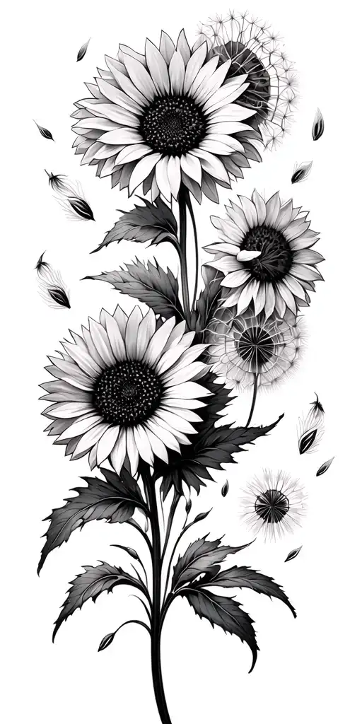 wild flowers, sunflowers, dandelion seeds drifting away transforming tattoo design idea