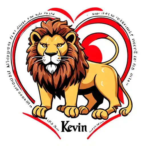 detailed, masculine, realistic lion with a red heart outline around it and the name Kevin in script beneath it  tattoo design idea