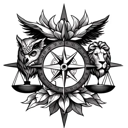 Compass with owl, lion head, justice scale and lotus flower symbols placed in the cardinal letters tattoo design idea