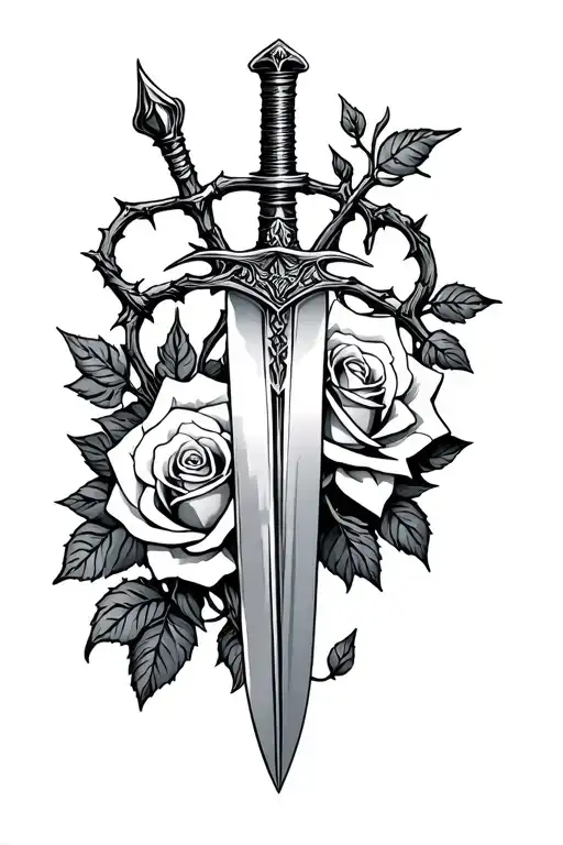 roses with thorn and vine crossed sword and dagger through it. linework  tattoo design idea
