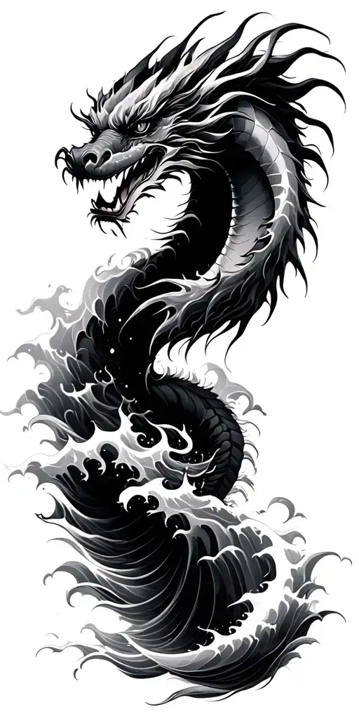 Japanese dragon sea waves crashing tattoo design idea