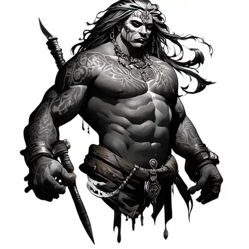 Ogun full body with tools in finelines  tattoo design idea