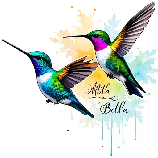 Create a tattoo of hummingbirds outside of dodgers stadium with paml trees. Incorporated daughters names: Mila and Bella tattoo design idea