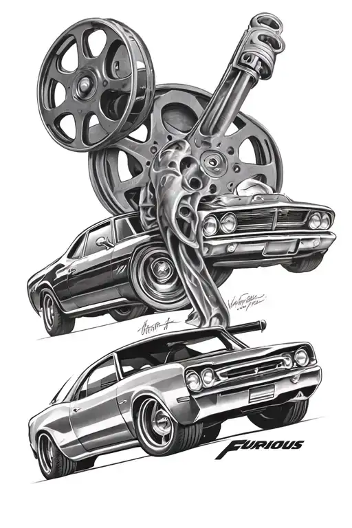 the fast and the furious movie reel intertwined tattoo design idea