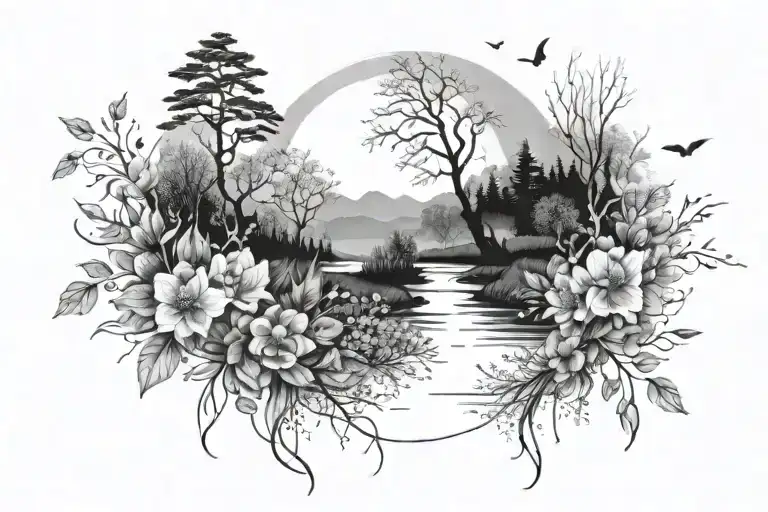 fine line spring summer autumn winter scene featuring tattoo design idea