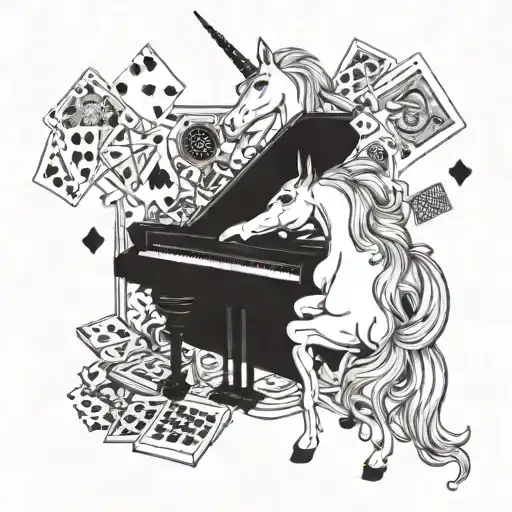A unicorn playing a grand piano surrounded by playing cards and casino chips tattoo design idea