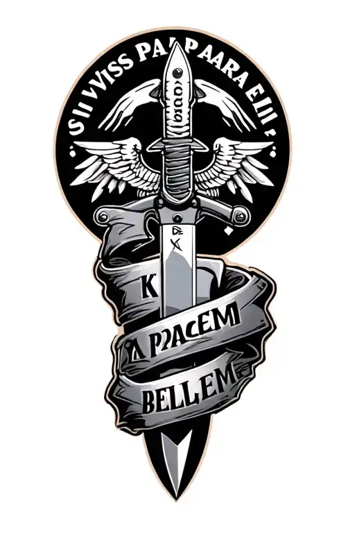 a realistic marine corps k bar knife with the phrase "si vis pacem para bellem" wrapped around the leg tattoo design idea