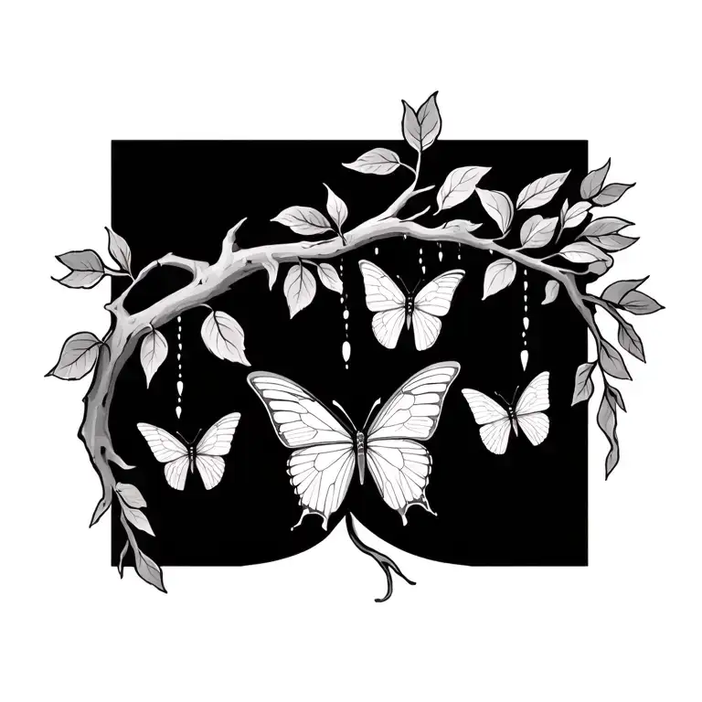 weeping willow tree branch horizontal with leaves hanging down and three butterflies accenting small feminine tattoo tattoo design idea