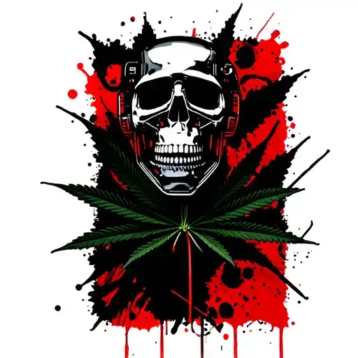 composition A black robot skull with medical mask,in the background a marijuana leaf tattoo design idea