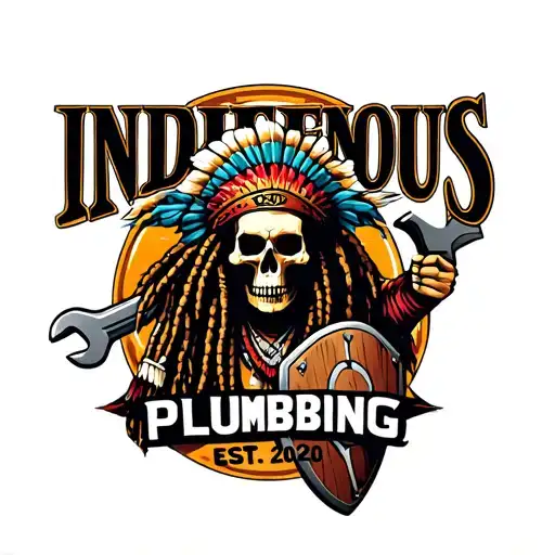 "INDIGENOUS PLUMBING EST.2020" skull dreadlock Native American warrior holding wrench with shield  tattoo design idea