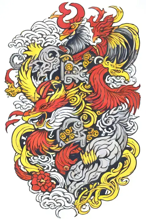 Tattoo depicting Ragnarök.  A battle between 2 vikings, 1 living & 1 dead. 3 rooster 1 golden and 2 red. Back piece tattoo design idea