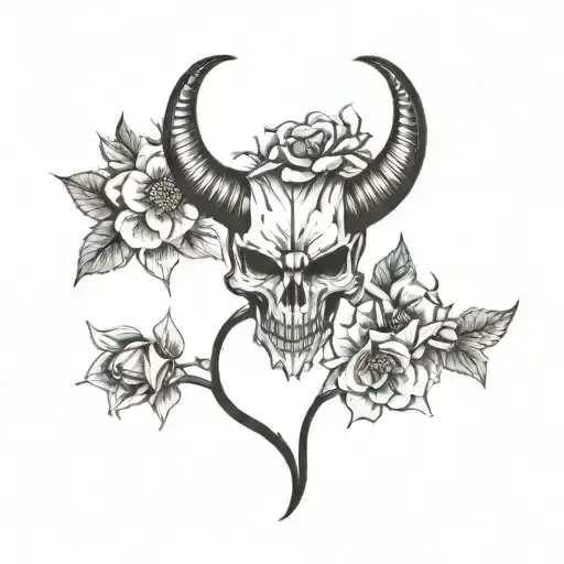 devil horns with flowers tattoo design idea