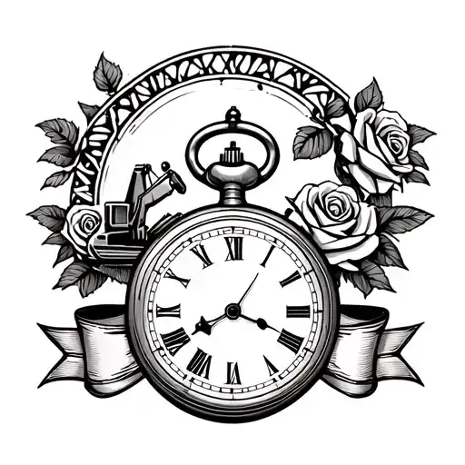 Pocket watch with excavator as background of pocket watch, two ribbon banners and roses behind the pocket watch tattoo design idea