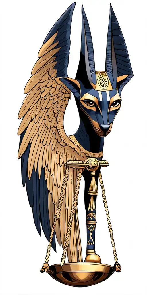 Anubis holding a scale, winged eyes, all seeing eye tattoo design idea