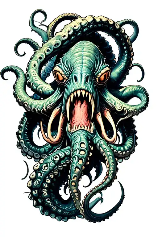 kraken fight with tentacles teeth claws and Cthulhu tattoo design idea