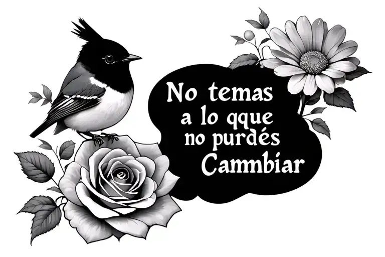 Quote in middle saying "No temas a lo que no puedes cambiar" with clouds in the background and a rose, aster and robin tattoo design idea