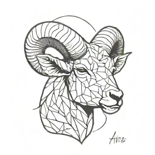 Aries head forward facing left half realistic style and right half geometric style tattoo design idea