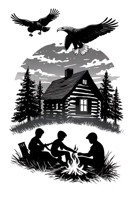 acoustic guitar silhouette of a nature scene that has a log cabin and a bald eagle. little boy sitting around a campfire tattoo design idea