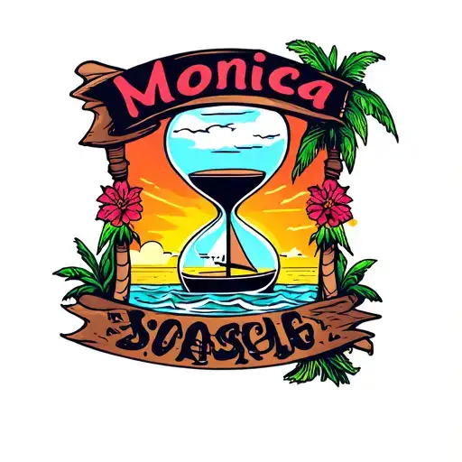 "Monica" hourglass, in the top a sailboat with sunset background, in the bottom beach sand tattoo design idea