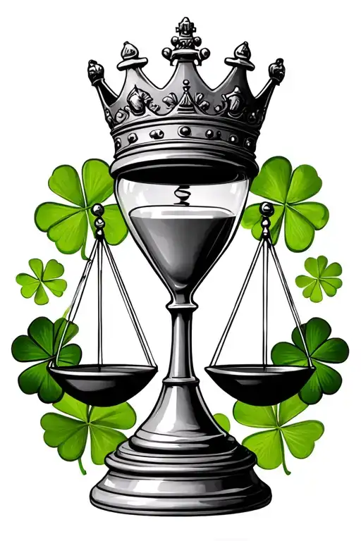 hour glass chess king crown and 4 leaf clover surrounding on the bottom put a balance  scale  tattoo design idea