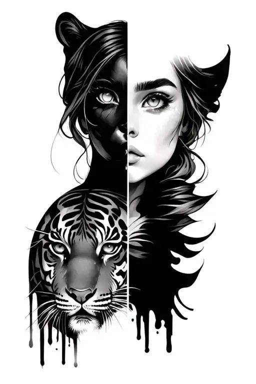 half woman half tiger eye in recatngle length tattoo tattoo design idea